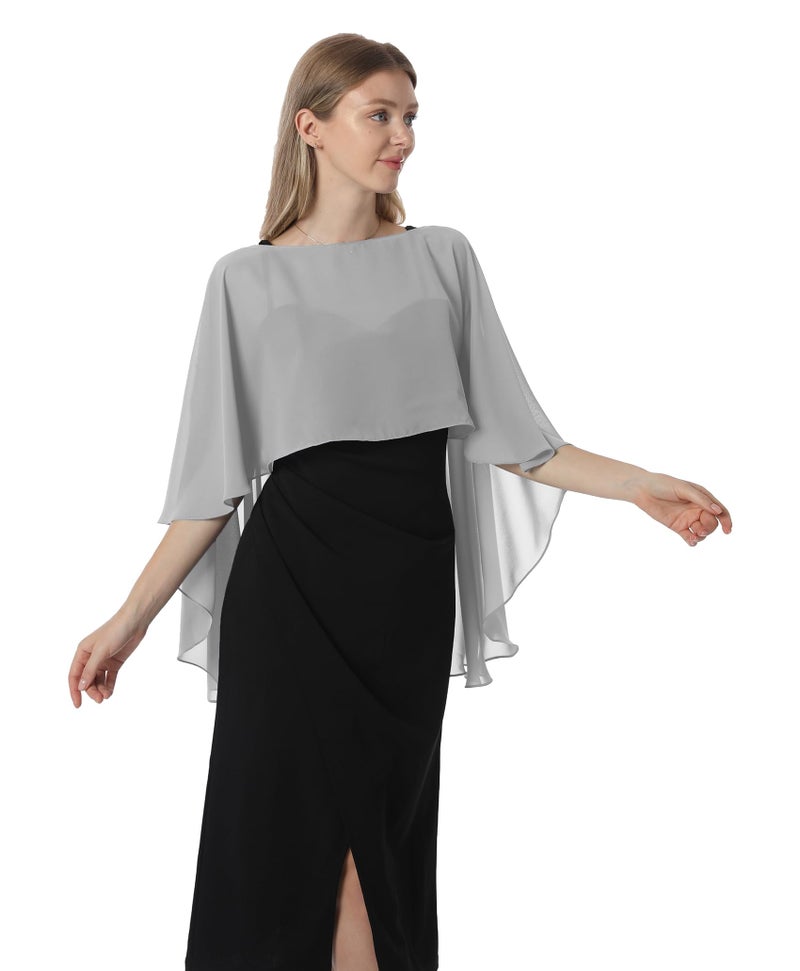 Hotshawl Capelets for women Chiffon Cape Shawls and Wraps for Evening Dress Wedding Capes Cover Up (Silver) - Image 2